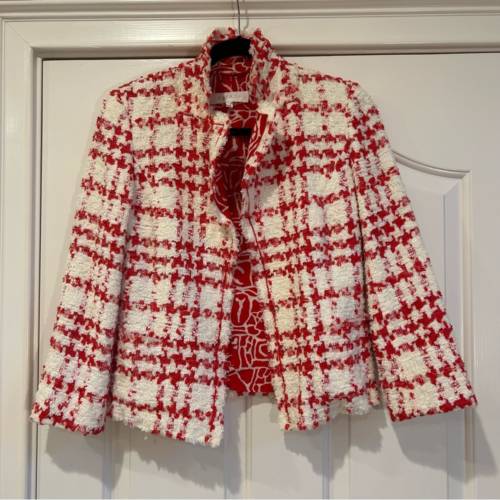 Chic Escada Red and White Tweed Jacket